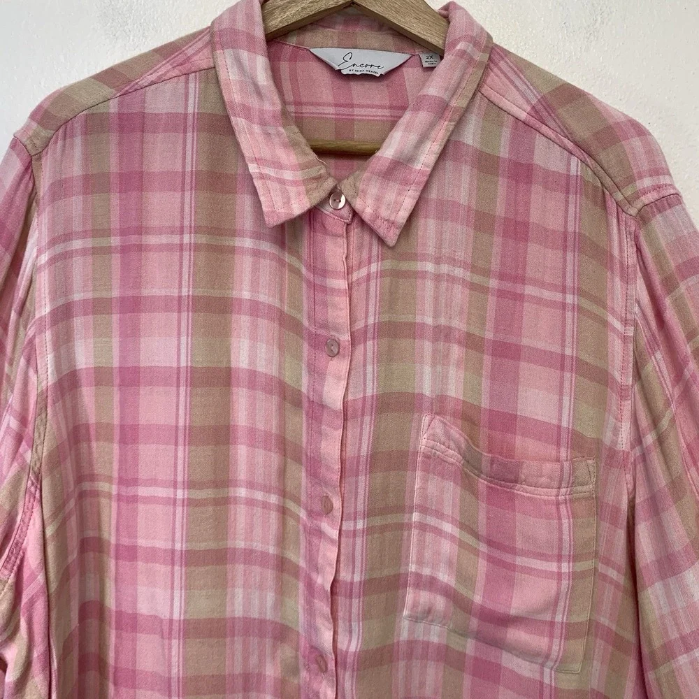 Encore Idina Menzel Pink Plaid Button‎ Front Soft Flannel Shirt Woman 2X Casual